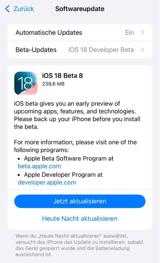 明溪苹果手机维修分享苹果 iOS / iPadOS 18 开发者预览版 Beta 8 发布 